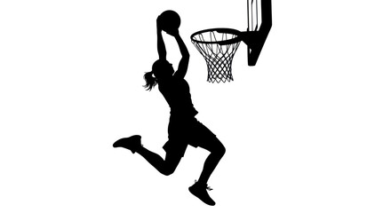 Female basketball player silhouette dunking on white background © Suyat
