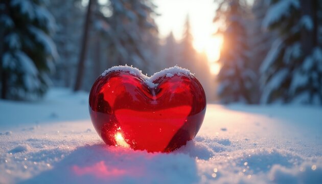 Red heart ornament rests on snow covered ground in winter forest. Warm sun rays shine through trees creating peaceful mood for romance and holidays.