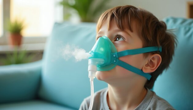 Young boy gets respiratory therapy with nebulizer mask. Child breathes medicine mist for lung illness or asthma relief at home. Healthy breathing treatment for kids.