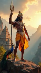Obraz premium Lord Murugan with spear and peacock stands atop a rock near a temple. Majestic mountains surround him during a religious festival with golden sunlight.