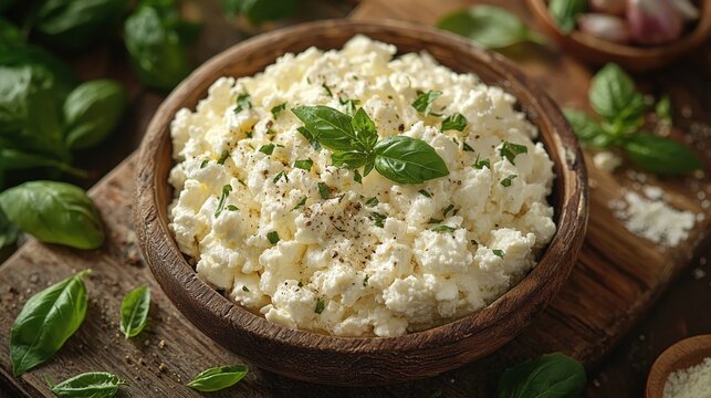 Stracciatella cheese made from buffalo milk on rustic wooden board with fresh basil