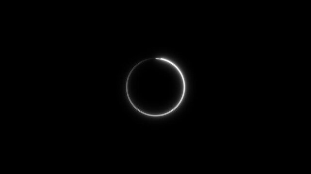 A minimalist circular preloaded featuring a glowing white neon light trail form a full ring on a solid black background. design represents complete rotation, loading progress, and system updates.
