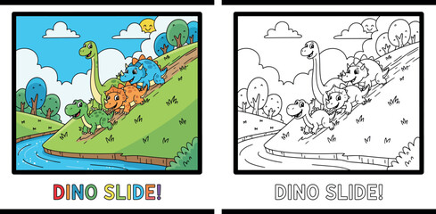 Cute Dinosaurs Sliding Down Hill Cartoon Illustration with River, Trees, Clouds and Smiling Sun © MstSangita