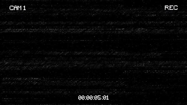 A cctv camera recording screen displaying static interference and a timer indicating the duration of the video capture