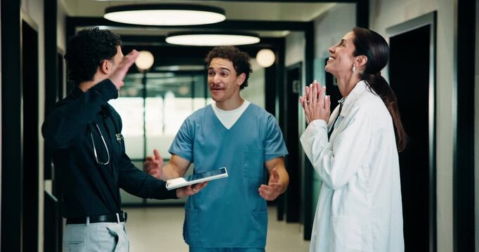 Medical, high five or people in hospital with tablet, good news or positive feedback on treatment plan. Health, collaboration or doctors with tech, surgery success or research breakthrough in clinic.