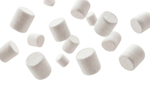 Scattered white marshmallows in mid air on transparent background