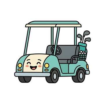 Smiling cartoon golf buggy vehicle.