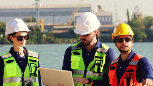Team male and female engineers in uniform safety equipment stand surveying the area infrastructure development projects including the construction deep sea distribution port land bridge and shipyard.

