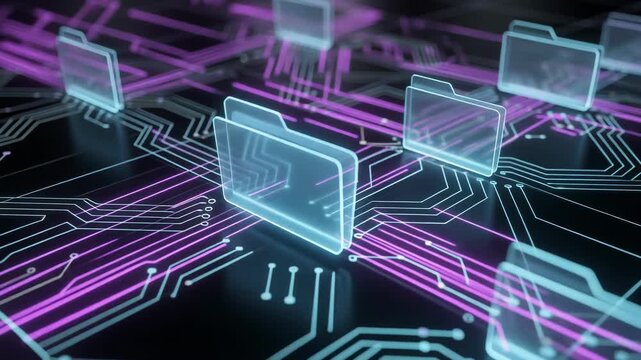 Futuristic digital network with glowing translucent folders interconnected on sleek black background