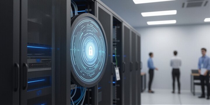 A modern server room features a circular digital security interface with concentric blue rings and a padlock icon at its center, illuminated by cool blue light.