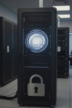 A black server cabinet with a mesh front features a digitally rendered glowing circular LED display and a metallic padlock icon in an industrial data center environment.