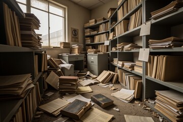 Obraz premium A neglected industrial office space with disorganized stacks of dusty files and papers under natural diffused daylight.