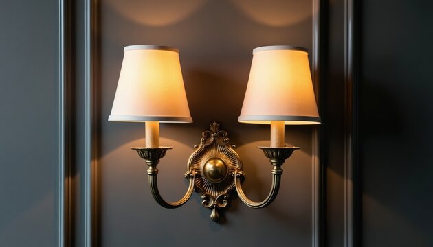 Elegant brass double wall lamp with fabric shades illuminates dark wall paneling. Light creates warm ambient glow, adding classic luxury to room interior. Cozy and sophisticated home decor element.