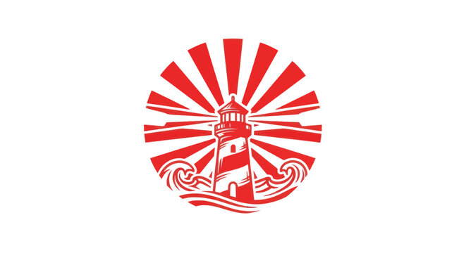 Lighthouse with Sunburst and Waves - Red and White Graphic Icon
