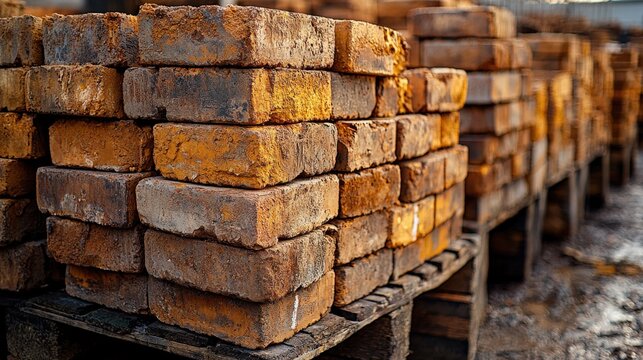 Large stacks of red clay bricks in an outdoor construction supply yard