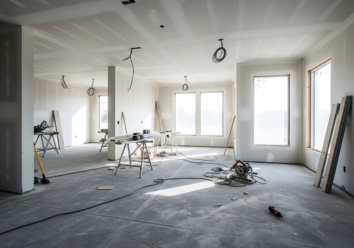 modern house interior under construction with unfinished drywall and tools