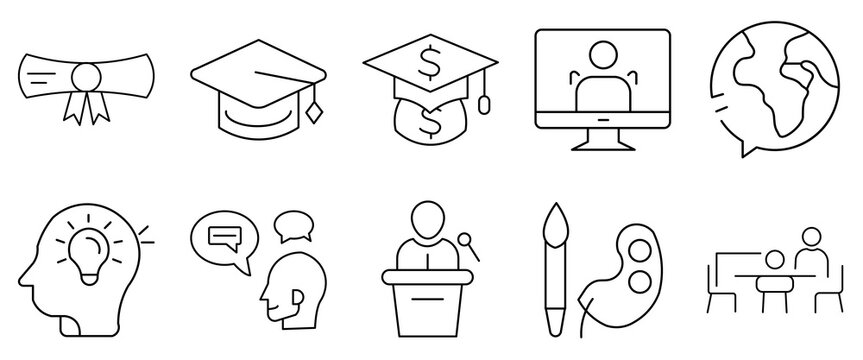 Education icons set including diploma graduation cap money computer globe lightbulb speech bubble pr