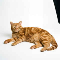 Fototapeta premium Orange tabby cat lying relaxed on white studio background with direct gaze and striped fur pattern