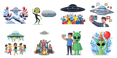 Fototapeta premium Ufo and Alien Collection Showcasing Friendly Encounters Space Adventures and Celebrations