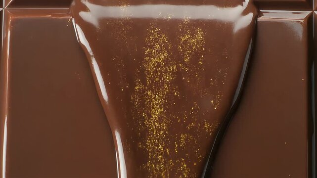 Liquid dark chocolate flowing with shimmering gold dust particles in this slow motion video animation clip