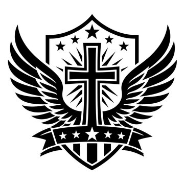 Black and white christian cross emblem with wings and shield