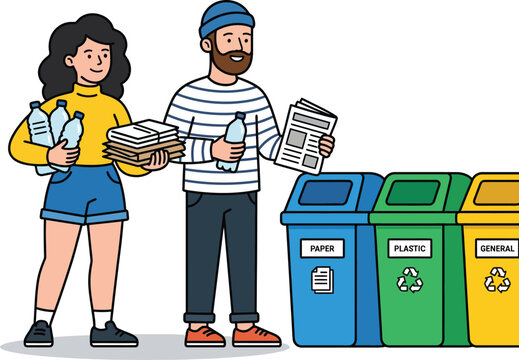 People sorting waste for recycling into separate bins flat vector illustration