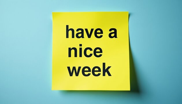 Yellow sticker with black text message Have a nice week. Simple reminder posted on blue background. Positive affirmation for start of weekdays or end of weekend.