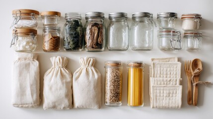 Obraz premium Container setup essentials. Ecoconscious storage using glass containers and cloth enclosures. Organized pantry with reusable glass jars and fabric bags emphasizing sustainability principles