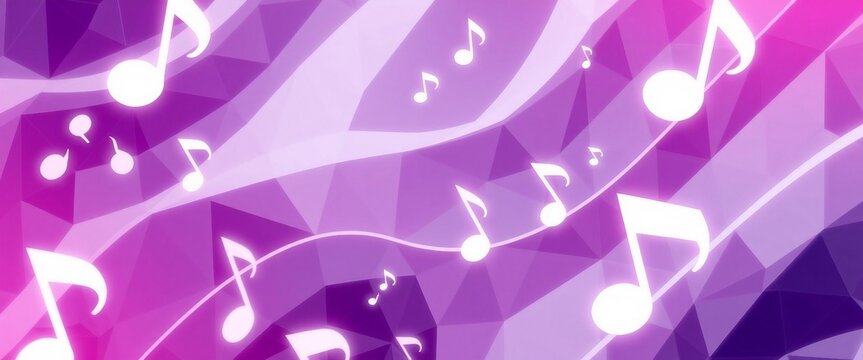 Bright purple abstract music background with glowing white notes, polygon shapes and flowing light waves, ideal for pop music, audio and modern designs