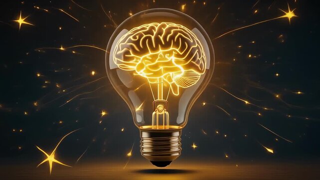Glowing brain inside light bulb emitting golden energy waves with sparkling firefly effect