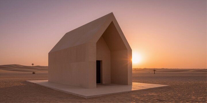 A minimalist concrete structure stands serene against the vibrant hues of a desert sunset, its sharply angled roof and open doorway set against an endless expanse of undulating
