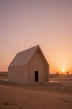 A minimalist desert chapel in Dubai stands serene amidst sunset hues, its geometric structure bathed in warm golden light.
