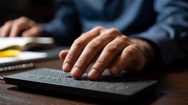 Person reading a braille device with fingers, using tactile reading for accessibility.