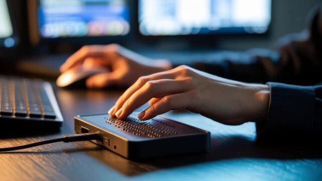 Person using a Braille display device with a computer keyboard and mouse in a dimly lit workspace.