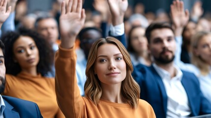 Obraz premium Diverse business professionals attending a corporate seminar, a young woman actively participating by raising her hand to ask a question or provide an answer during the presentation