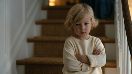 Fototapeta premium Toddler standing at the bottom of a staircase, arms crossed, lower lip pushed out in full defiance while a parent waits patiently at the top, the standoff composition highlighting the enormous emoti