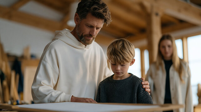Stepfather helping a child unpack art supplies at a new school for the first time, a counselor standing nearby, a blank project board on the table, the room still being arranged, a transitional mome