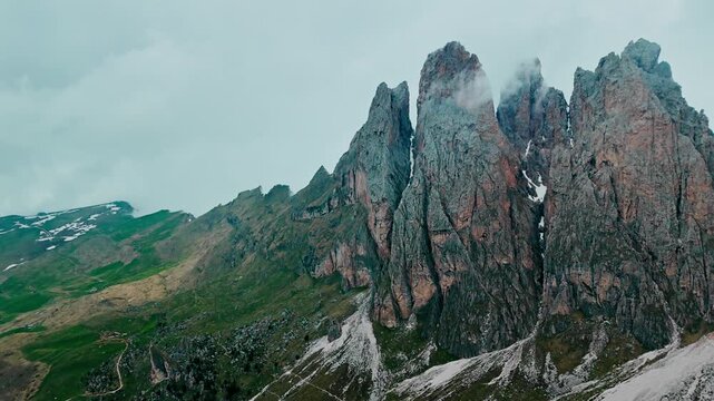 Seceda and Furchetta summit in Trentino Alto Adige, Dolomites Alps, South Tyrol, Italy,. Epic and unique most visited range in Val Gardena, Dolomites
