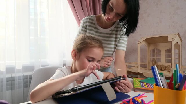 Child studying at home with mother support guided learning education concept