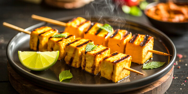Grilled food skewers sizzling on plate with lime indoors close-up