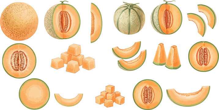 Collection of fresh cantaloupe illustrations, including whole, half, sliced, and diced pieces, showcasing the vibrant orange flesh and healthy fruit.