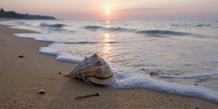 A large Strombus gigas seashell rests on wet sand at the water's edge as the sun sets over a calm ocean.