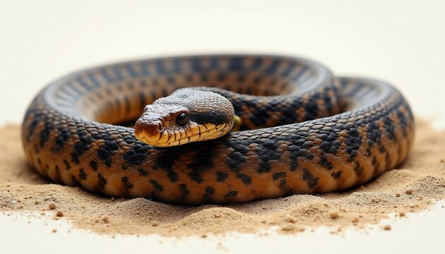 Coiled brown and black patterned snake rests on sand. Reptile has diamondback scales and sharp eyes. Venomous creature waits camouflaged for prey in wild nature.