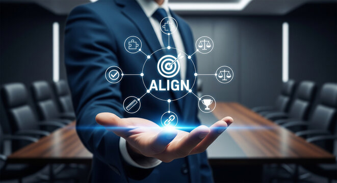 Business alignment strategy concept, businessman holding virtual align interface, corporate mission and vision synchronization in boardroom