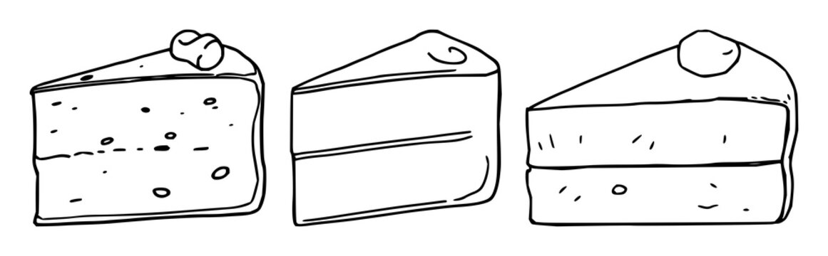 Cake slice set with black line art on white background featuring dessert, pastry, sweet treat with celebrations and frosting