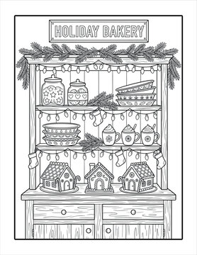 Holiday bakery shelf coloring page with gingerbread houses and treats north america.
