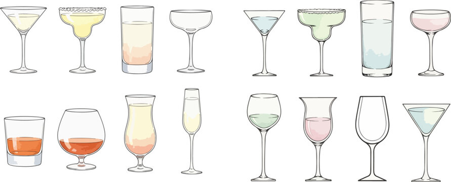 Collection of various cocktail and drink glasses with different beverages, vector illustration.