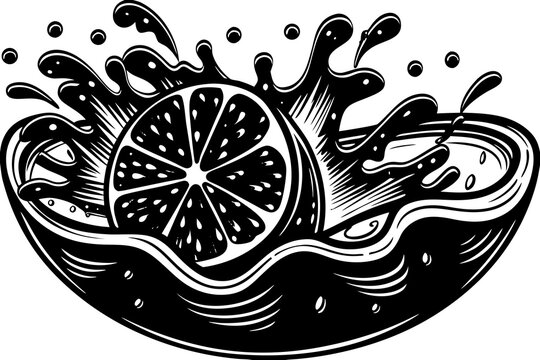 Black and white illustration of a lemon slice with juice splashing