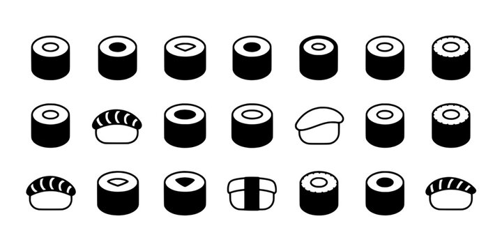 Cilinder sushi set icons with seaweed, rice rolls, nigiri and maki, vector style for food menu and restaurant branding