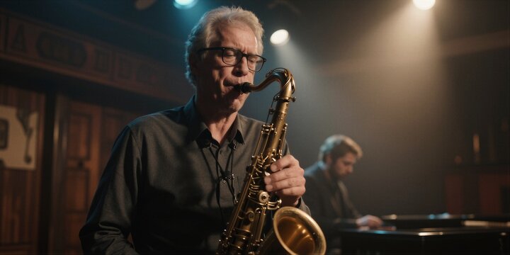A middle-aged man with short, graying hair plays a tenor saxophone in an intimate jazz club setting, surrounded by warm lighting and rich textures.